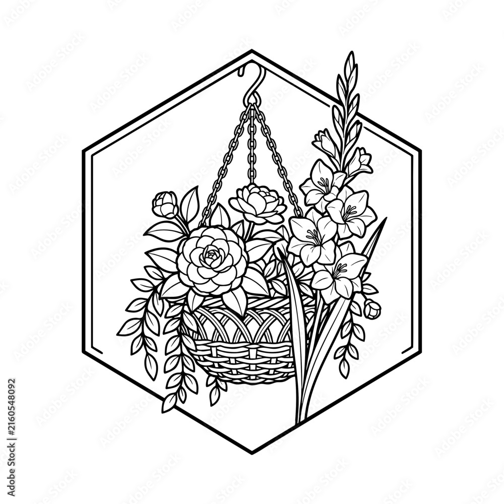 Obraz premium hanging basket with camellias and gladiolus flowers, detailed botanical illustration