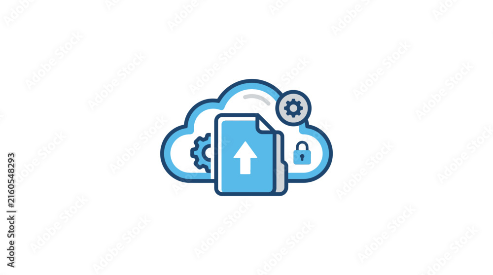 Obraz premium Cloud file upload icon with lock and gear.