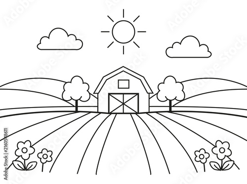 Fotografie Illustrazione di campagna in stile cartone animato disegnata a mano, line art, d