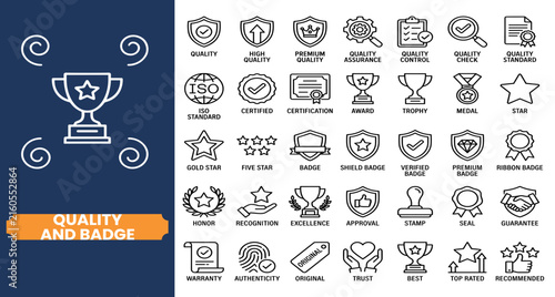 Awards icon set. containing badge, trophy, certificate, and more. Outline Icon Collection. Editable stroke. Vector illustration