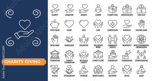Charity giving, donate money outline icons big set. Line signs volunteering and giving support donation or symbols friendship. Thin vector pictograms pack for web infographic business social projects.