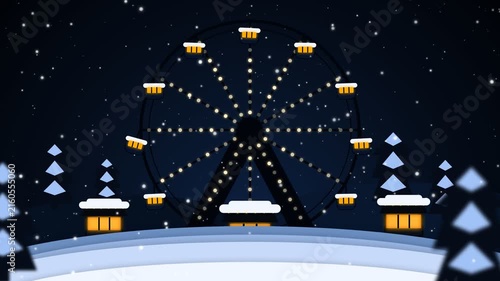Stylized Winter Night Animation of a Ferris Wheel in a Snowy Fairground with Falling Snow