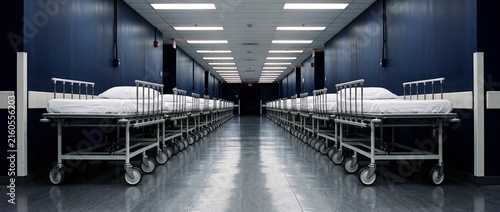 Empty hospital corridor featuring rows of metal medical stretchers and dark navy blue walls for clinical healthcare ward emergency management service background.