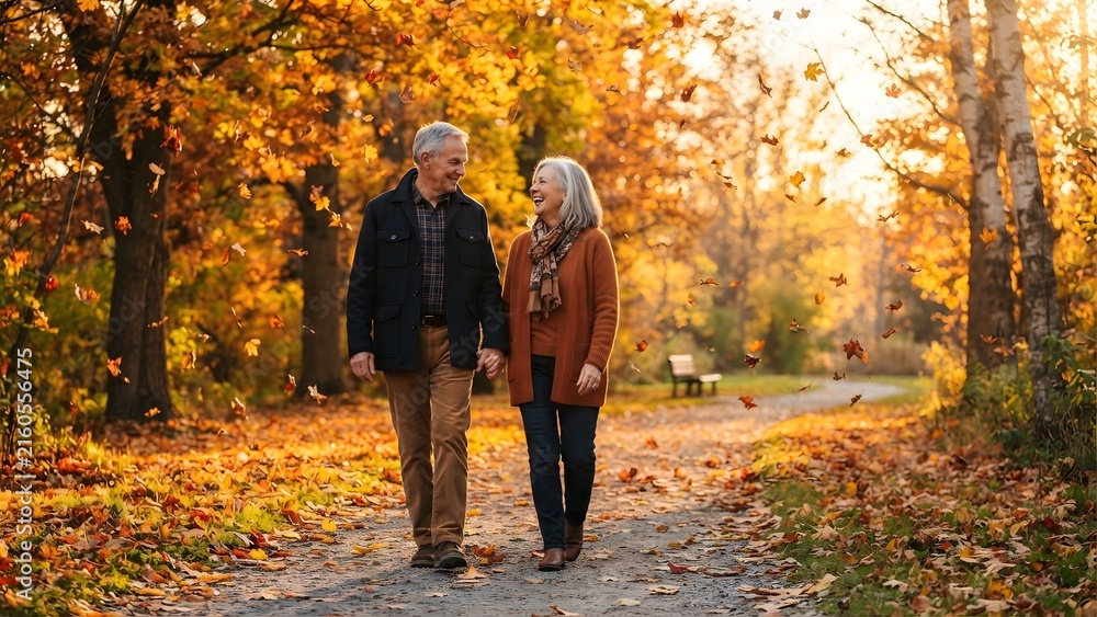 Fototapeta premium Elderly couple walking hand in hand on a path during autumn, surrounded by colorful falling leaves and warm sunlight.