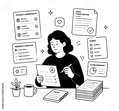 Fotografía Teacher grading student assignments and providing feedback with rubrics and note