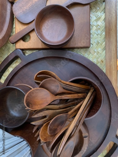 Photography Closeup warm toned composition of handcrafted handmade wooden tableware and kitchenware