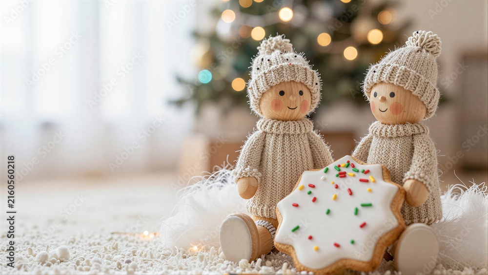 Fototapeta premium Two wooden dolls in knitwear hold a heart-shaped cookie, festive Christmas scene.
