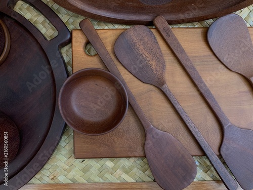 Bild auf Leinwand Closeup warm toned composition of handcrafted handmade wooden tableware and kitchenware