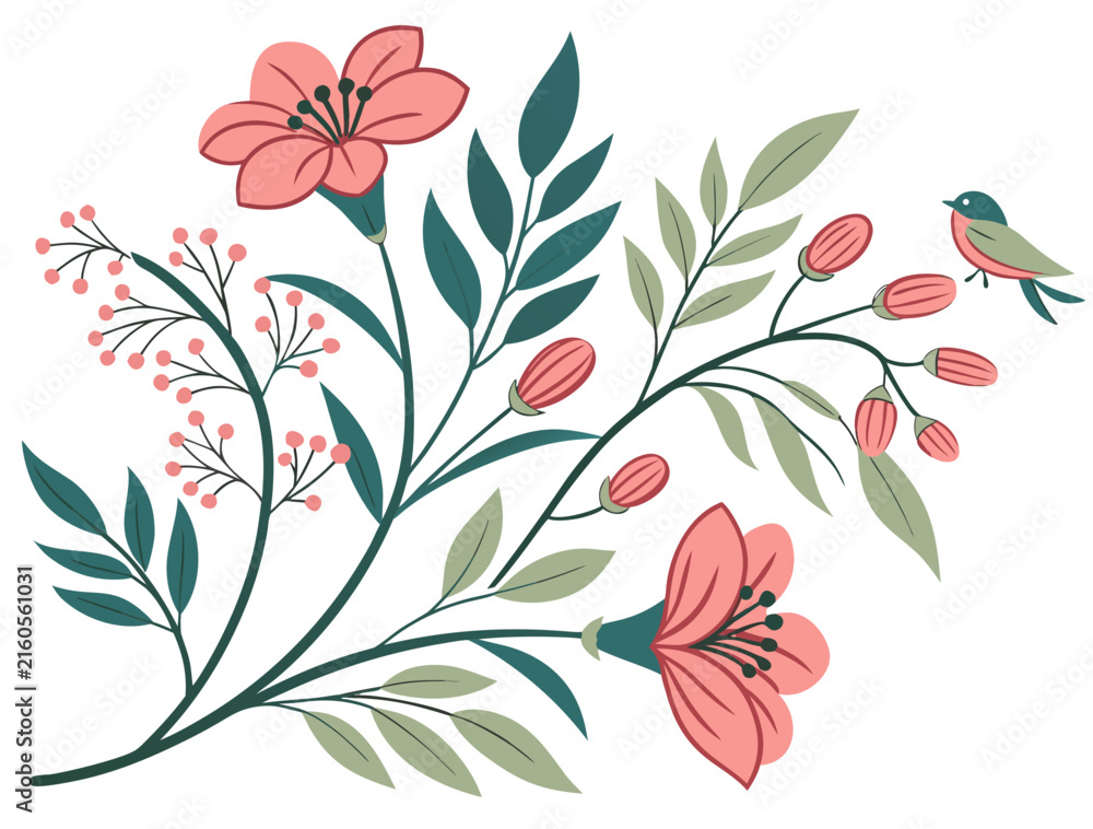 Obraz premium Decorative floral illustration featuring pink flowers green leaves and a small bird on a white background