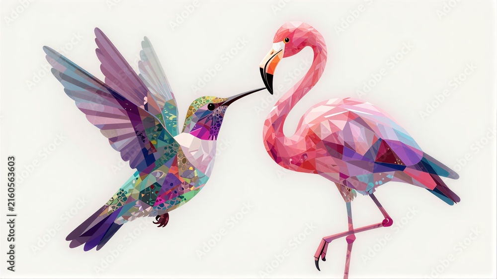 Obraz premium A vibrant, geometric hummingbird and flamingo share a colorful, stylized moment.