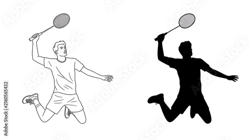 Minimalist Line Art and Silhouette of a Badminton Player Performing a Powerful Jumping Smash Shot