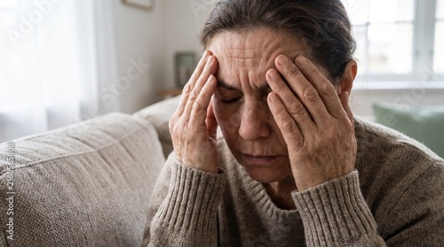 An older woman experiencing a headache, clutching her temples with a pained expression. Her brow is furrowed, indicating discomfort and stress