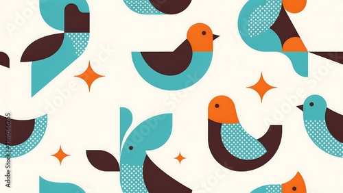 Geometric Minimalist Pattern Featuring Stylized Birds and Stars in Retro Color Palette