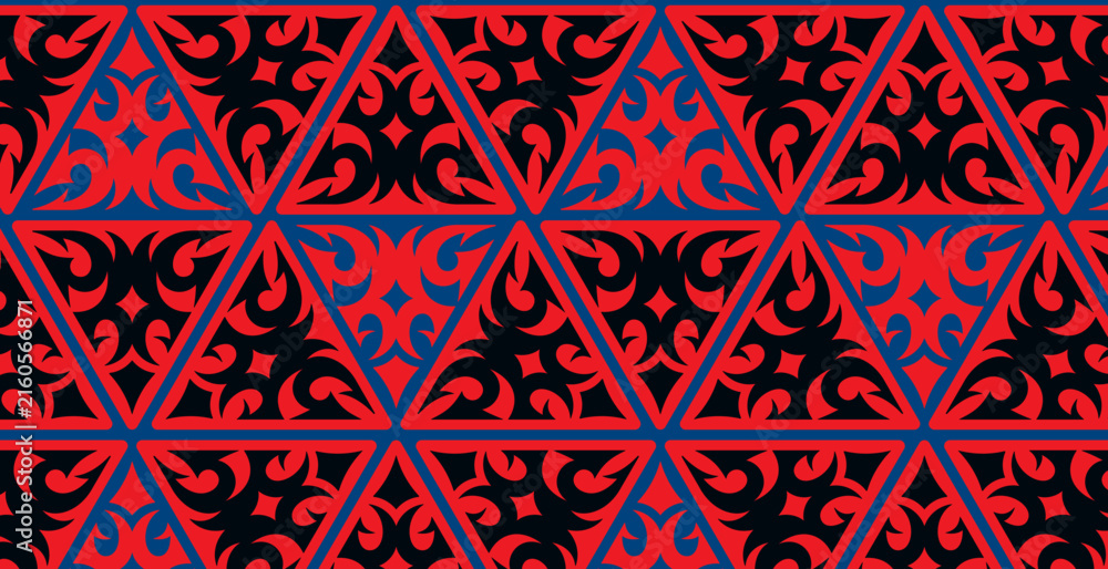 Fototapeta premium Red and Black Geometric Ornamental Pattern – Seamless Triangle Floral Design Background