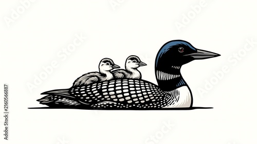 Common Loon Mother Carrying Two Chicks on Back Illustration