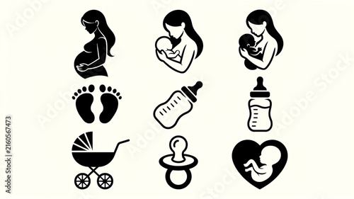A collection of black and white icons representing pregnancy, newborn care, and baby essentials for parenting concepts