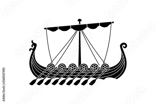 Minimalist Black Silhouette Illustration of an Ancient Viking Longship with Oars and Sail