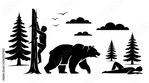 Black and White Silhouette Illustration of a Person Encountering a Bear in a Forest Landscape