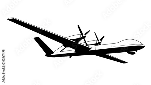 Minimalist Black and White Vector Illustration of a Surveillance Unmanned Aerial Vehicle in Flight