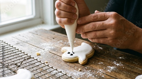 Decorating a Halloween ghost cookie with white icing and black edible eyes on a wooden table with a cooling rack