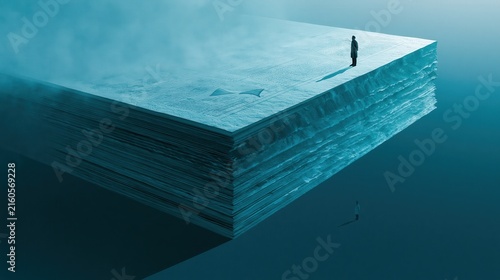 A wide floating ledger of textured forecast layers shifting from past results to future outlook in a calm blue and cyan composition with copy space
