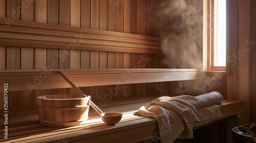 Naklejka Inside a small timber sauna room at first light in warm neutral tones with soft focus and generous copy space