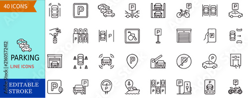 Parking Line Icons Set editable stroke car vehicle transport valet automated garage underground meter barrier smart parking location sign symbol vector outline illustration bundle