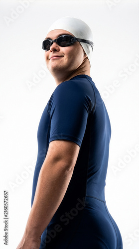 Paralympic swimmer with Down syndrome wearing goggles