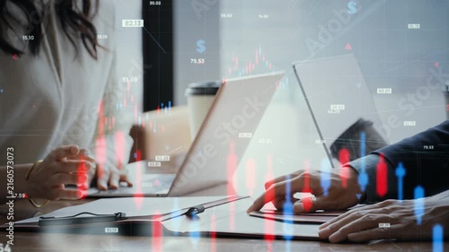 People conversing and business data. Finance, economics, investment, asset management, graphs, analysis, management, meetings, statistics, stock prices, accounting.