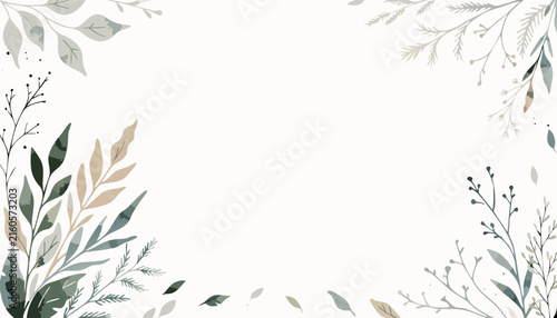 Botanical arrangement with muted green and beige leaves on a soft white background creating a minimalist frame