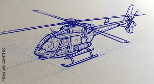 Sketch of a Modern Helicopter in Blue Ink on a White Background.