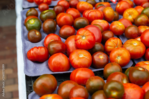 A bulk supply of ripe tomatoes off the vine on blush cardboard trays. The tomatoes range in color from green to deep red and are ripening in direct sunlight. Ethylene, a natural plant hormone, is re