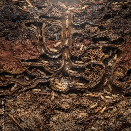 Cross Section View of Underground Termite Colony Nesting System with Complex Tunnels and Soil Layers