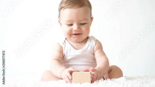 Adorable baby smiling and holding a small card against soft white