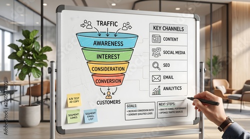 Businessman hand writing digital marketing traffic funnel diagram on whiteboard. Concept of advertising campaign strategy, and sales lead generation.