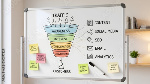 Whiteboard displaying hand drawn digital marketing traffic funnel diagram. Concept of advertising campaign strategy, and sales conversion planning.