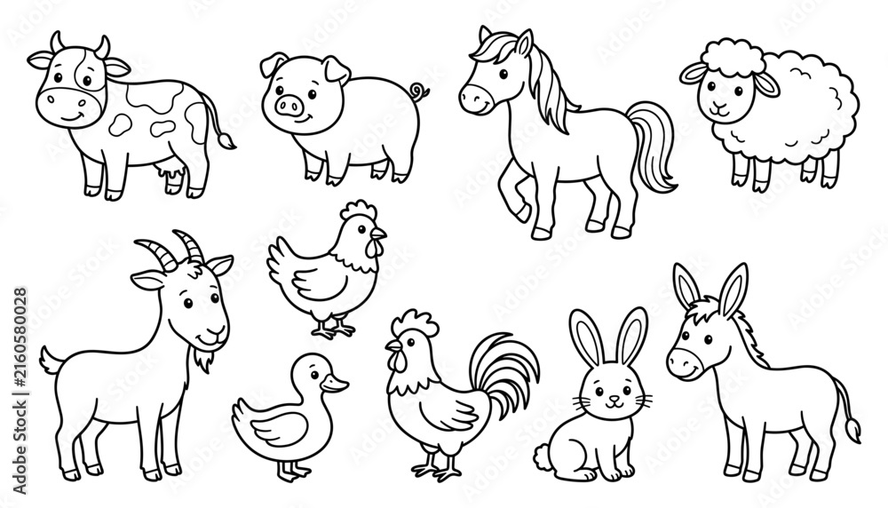 Obraz premium Farm Animals Hand Drawn Line Art Collection – Cow Pig Horse Sheep Goat Chicken Rabbit and Duck