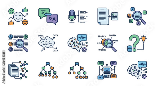 Clean Illustrated Icons Set Showing Concepts of AI Data Analysis Machine Learning and NLP in Minimalist Style