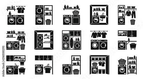 Clean Laundry Room Icons Set Black and White Minimalist Illustrations of Washers Dryers and Laundry Supplies