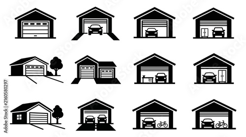 Clean Minimalist Black and White Icons of Various Garage Designs and Features with high quality professional line art symbols for modern creative design and digital branding projects