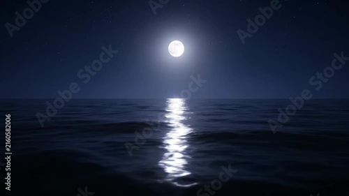 Moonlight over calm ocean at night with soft reflections