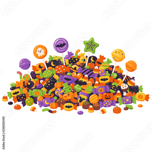 Pile of assorted halloween candy sweets and lollipops with candy corn halloween lollipops chocolate celebration assorted illustration colorful confectionery seasonal collection assortment