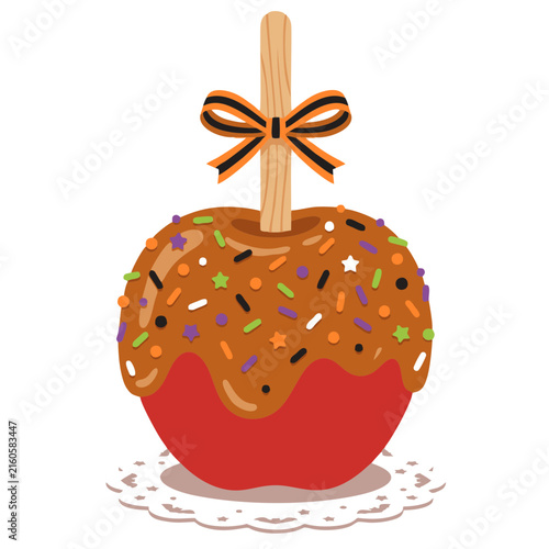 Festive gourmet caramel apple on a stick with holiday sprinkles halloween sprinkles illustration seasonal colorful chocolate celebration confectionery background delicious