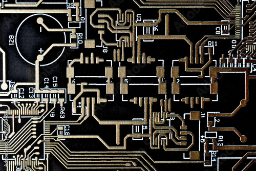 Black Circuit board abstract with component placement 