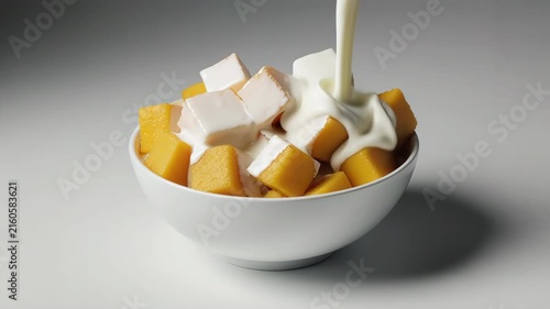Assorted fruits drizzled with yogurt, strawberry, mango cube, blackberry, banana slice, raspberries
