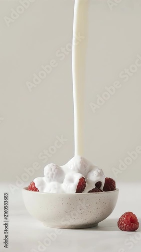 Assorted fruits drizzled with yogurt, strawberry, mango cube, blackberry, banana slice, raspberries