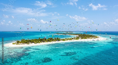 Obraz na plátně Los roques aerial view of kitesurfers over turquoise water