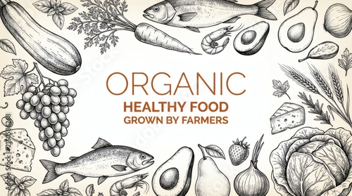 Elegant organic food illustration with healthy produce border design for branding and marketing