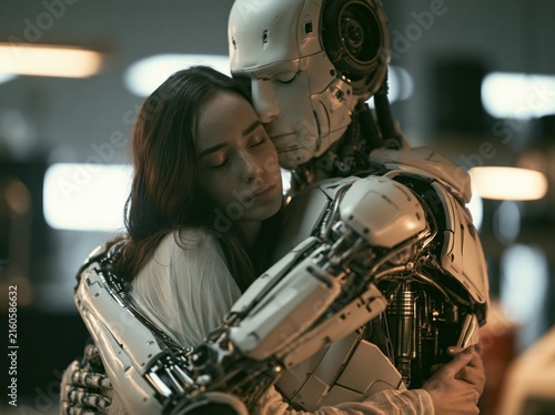 Woman hugging a futuristic humanoid robot