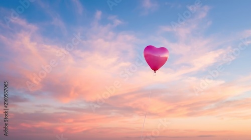 Vibrant pink heart shaped balloon floating gracefully against a soft blue and orange sunset sky background